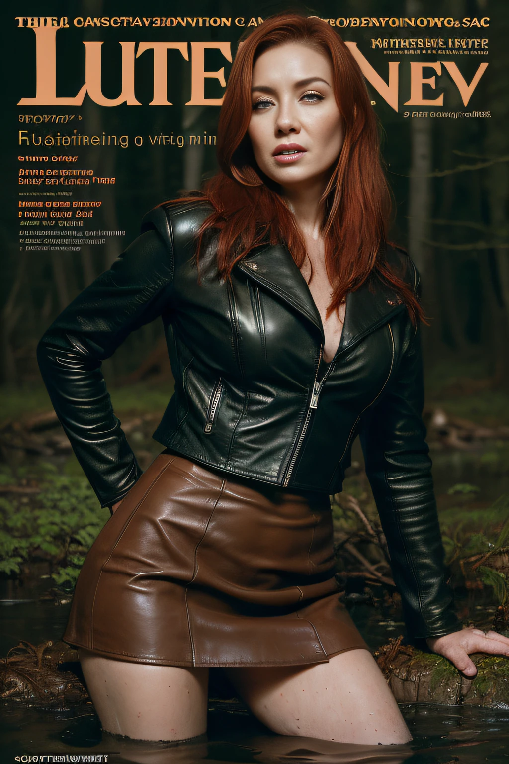 A woman in a leather jacket and skirt posing in the woods - SeaArt AI