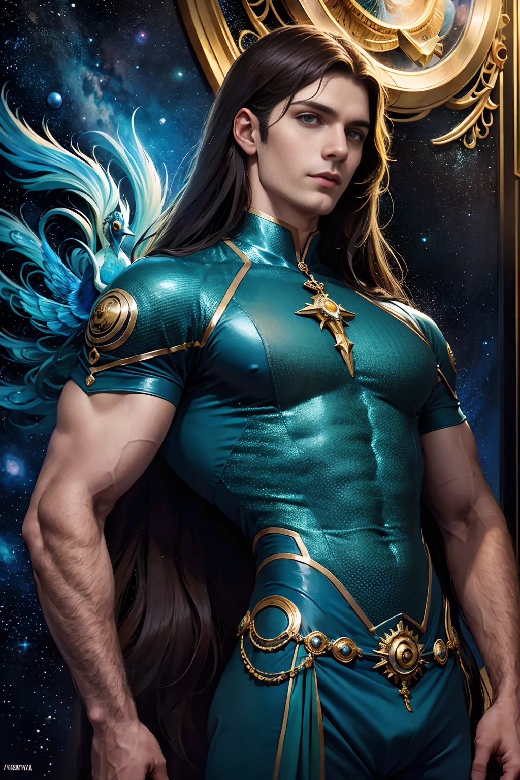 (( Homem )), ( with a peacock) )), com um colar ,((olhos azuis)), ((long hair)), muscular male hero, atraente, ((Carne Nua Masculina)) meio tiro de um hunky, handsome prince, heroic male pose, macho sexy, Macho bonito, musculoso masculino, not shirt :: Very high detail, strong masculine features, masculino e forte, bonito impressionante realista, corpo bonito bonito, ((in the background Antares Station,)), Launch of the 35mm lens, Deus do Mar, Deus do Oceano, Luthien, arte de deus, Deus da mitologia grega, Deus da Lua, Deus do amor e da paz, deus bonito, Mitologia do Deus da Terra, o deus Eros, Um retrato impressionante de um deus, Frank Kelly Freas, Estilo Karol Bak, ((beautiful face)), Ultra Definition, melhor qualidade, 32k ultra | | | | | | | | | | | | , Ultra HD | | | | | | | | | | | |, maior contraste, Cores quentes e vibrantes, Inprirado em victória francés | | | | | | | | | | |, Gothic beauty