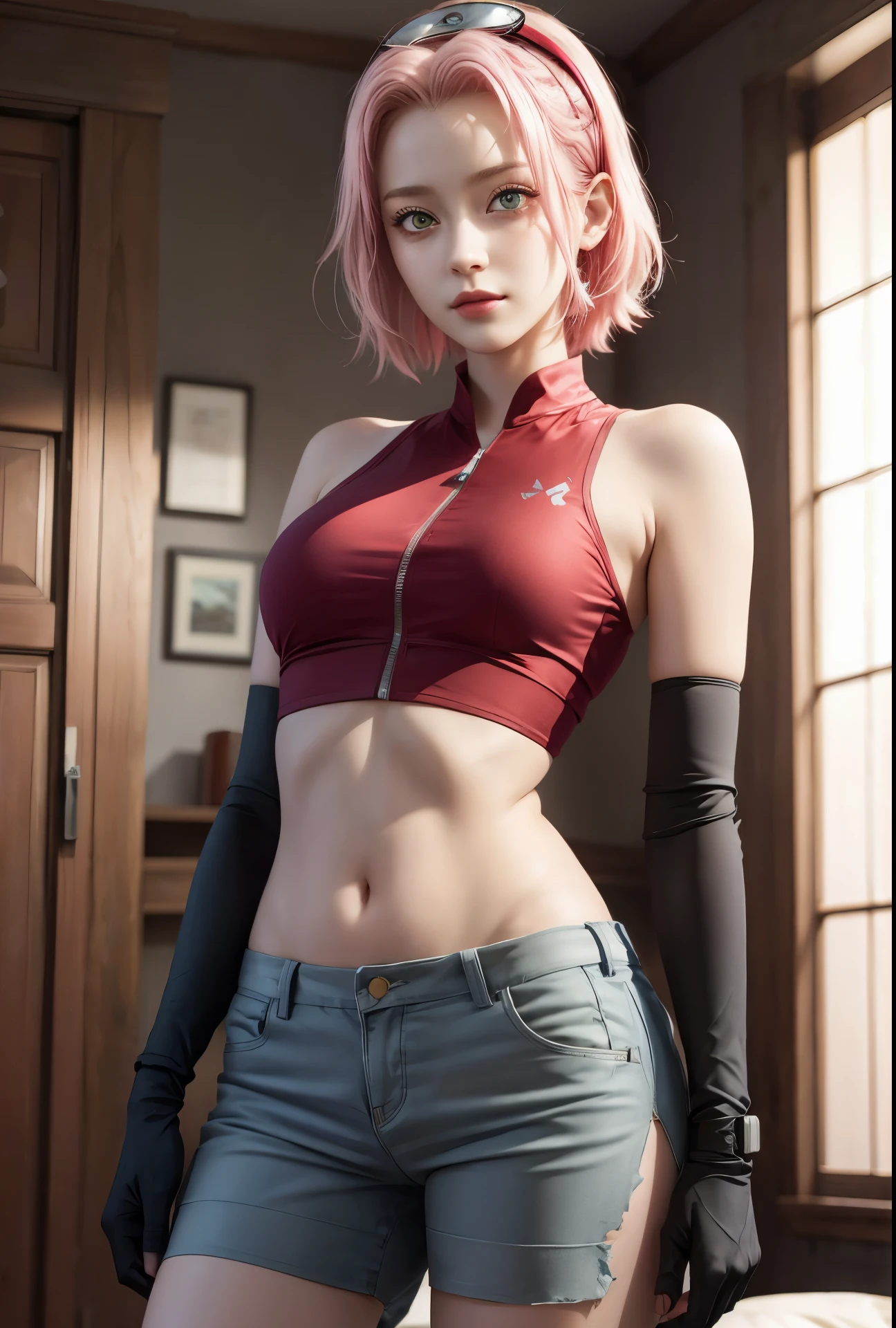 obra maestra， La mejor calidad en el mejor de los casos.， 1 chica， sakura haruno， pechos grandes，vestimenta fuera del hombro，（escote)，（primer plano de la parte superior del cuerpo)，criado sexy，es tímido，sonríe，con cabello rosado， pelo largo y blanco， （Globos oculares verdes:1.4)， Protección de la frente， los cerezos，Flores de cerezo volando，ropa roja，Media cremallera ,Realistaphoto ,animerealista, Realista