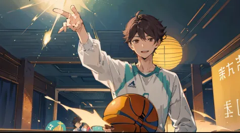 oikawa tooru, 1man, handsome, manly, volleyball outfit, upper body, brown hair, brown eyes, short hair, solo focus, cute, happy,...