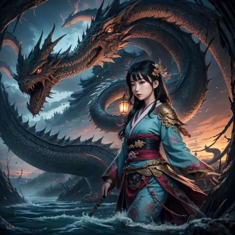 one beautiful japanese woman,Crossing the Sanzu River ,Realm of the dead,labyrinth,wonderland,chaos,one japanese dragon
