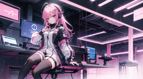 mitsukasa ayas cyberpunk,gentleness , Digital punk, Anime style 4k, Short-sleeved game suit,Pink Long Hair, computer room, Gamin...