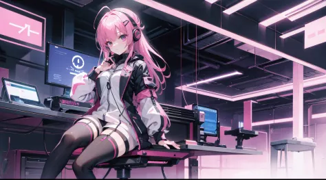 mitsukasa ayas cyberpunk,gentleness , Digital punk, Anime style 4k, Short-sleeved game suit,Pink Long Hair, computer room, Gaming headset overhead，black pantyhoses