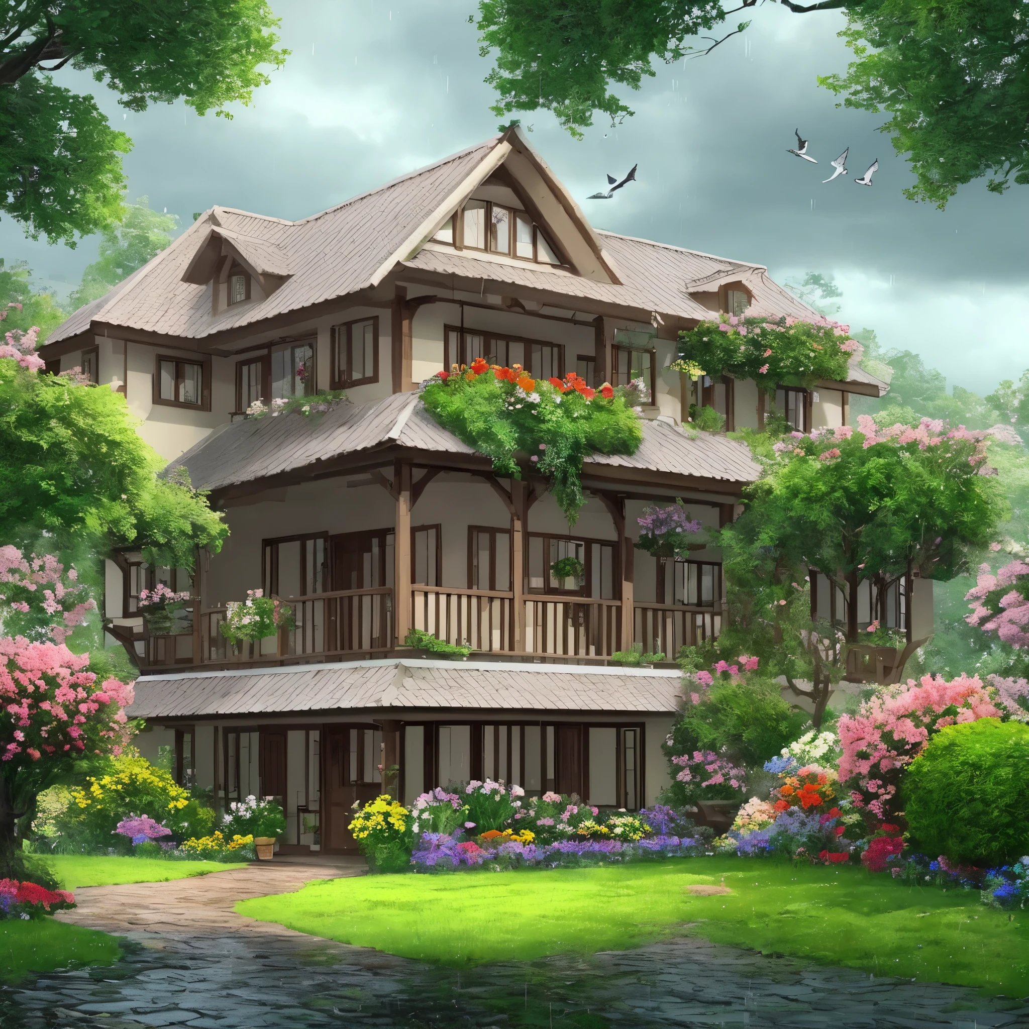 A painting of a house with a garden and a stream - SeaArt AI