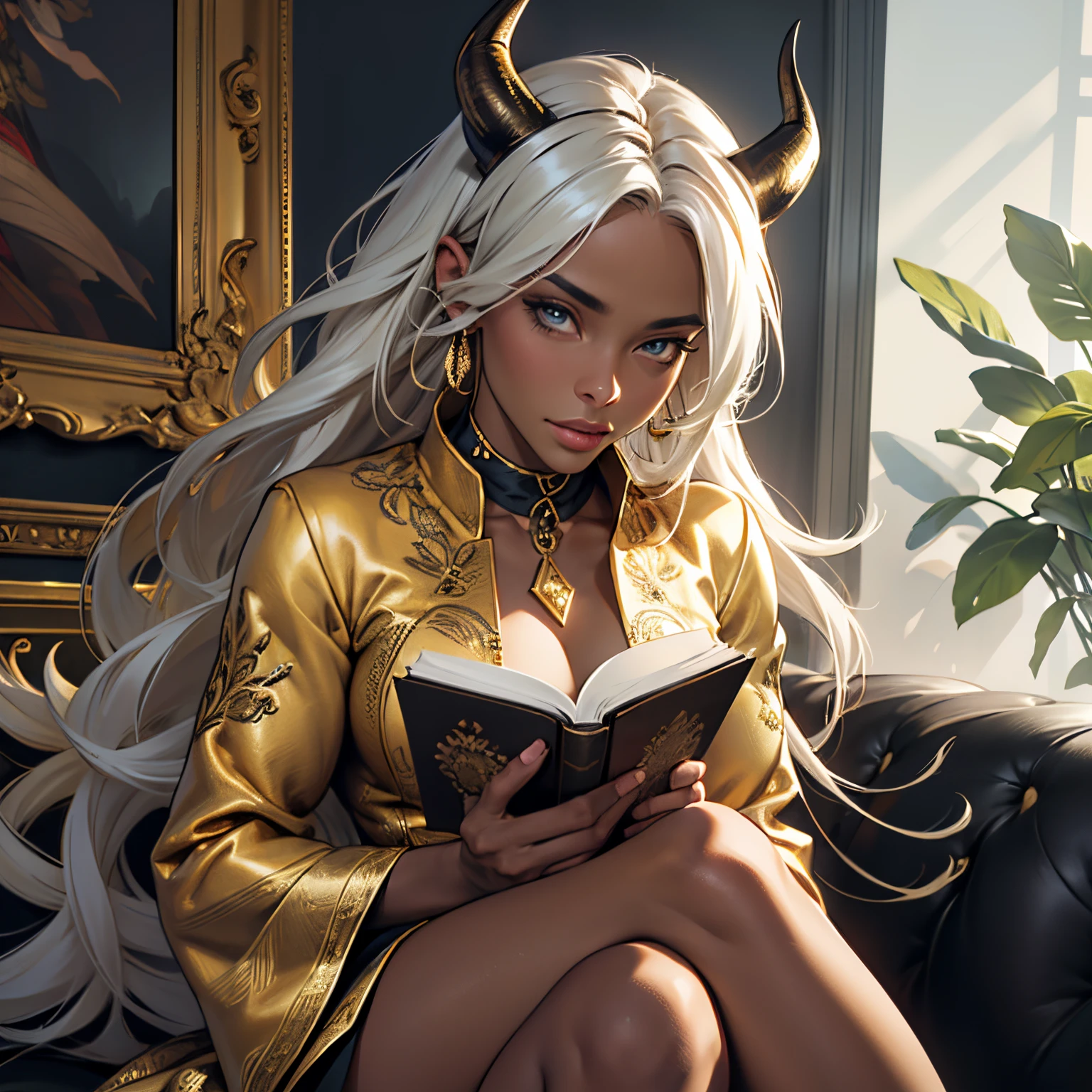 (best quality,4k,8k,highres,masterpiece:1.2), ultra-detailed, (realistic,photorealistic,photo-realistic:1.37), mature ebony-skinned female with long flowing silver hair, wearing a golden gilded form-fitting skimpy golden dress, curvy, has large black demon wings, has demonic horns, alluring gaze, dark skin tone, ebony skin tone, golden dress, dress made of gold, alone, solo, (ALONE)(SOLO), embroidered dress, reading a book