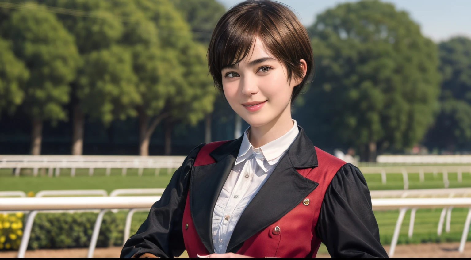 98
(a 20 yo woman,is standing), (A hyper-realistic), (high-level image quality), ((short-hair:1.46)), (Gentle smile), (Keep your mouth shut), (Riding a horse), (ride horse、Horse racing、carriage)