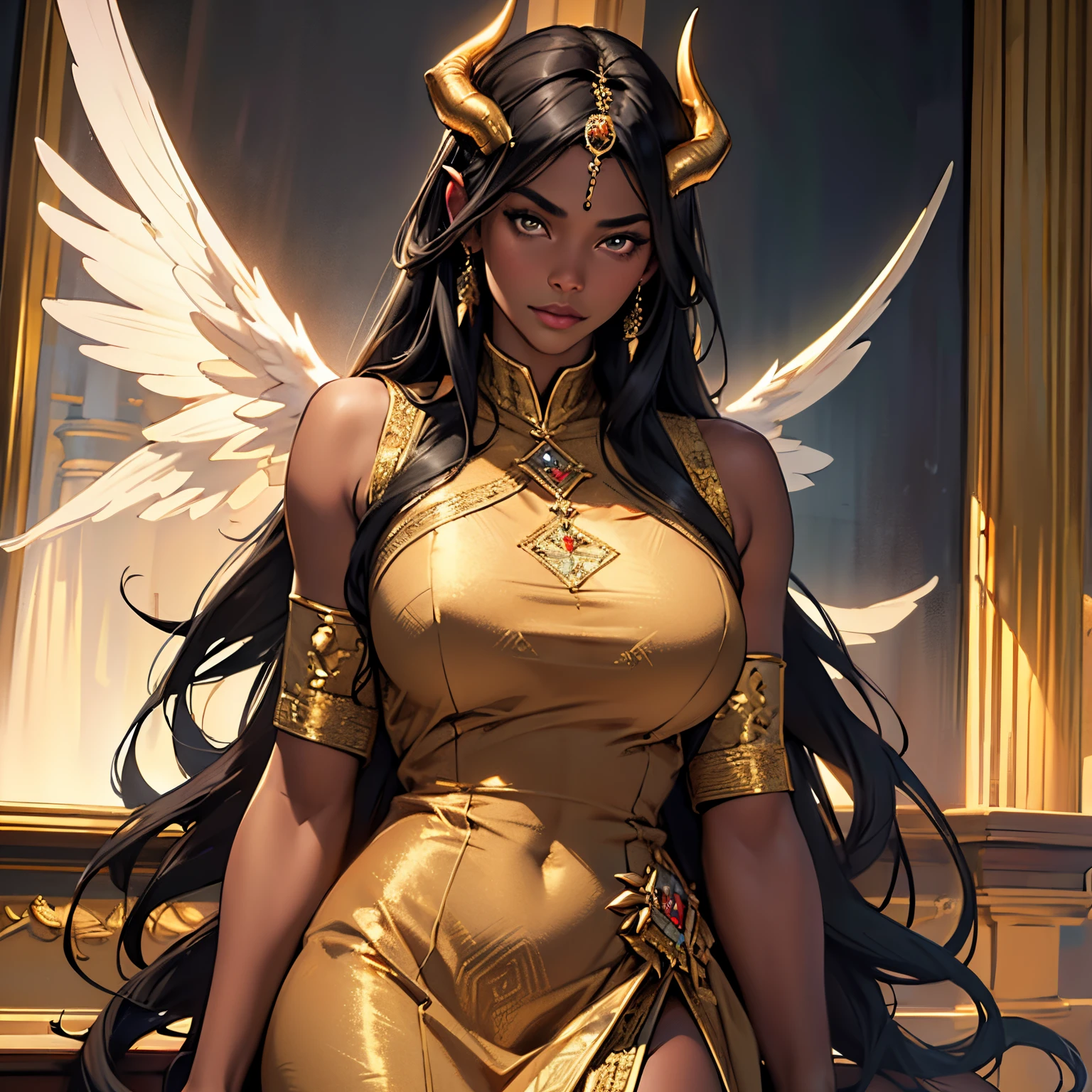 (best quality,4k,8k,highres,masterpiece:1.2), ultra-detailed, (realistic,photorealistic,photo-realistic:1.37), mature ebony-skinned female with long flowing silver hair, wearing a golden gilded form-fitting skimpy golden dress, curvy, thicc, busty, has large black demon wings, has demonic horns, alluring gaze, dark skin tone, ebony skin tone, golden dress, dress made of gold, alone, solo, (ALONE)(SOLO), embroidered dress,