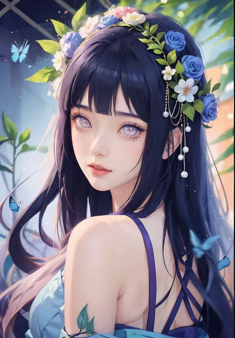 tmasterpiece， Best quality at best， 1girll， Hinata Hyuga ， Large breasts，Off-the-shoulder attire，（cleavage)，（upperbody closeup)，...