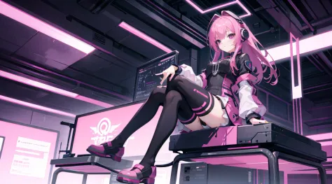 mitsukasa ayas，cyber punk perssonage, , Digital punk, Anime style 4k, Short-sleeved game suit,Pink Long Hair, computer room, Gam...