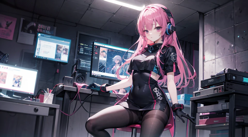 mitsukasa ayas，cyber punk perssonage, , Digital punk, Anime style 4k, Short-sleeved game suit,Pink Long Hair, computer room, Gaming headset overhead，black pantyhoses