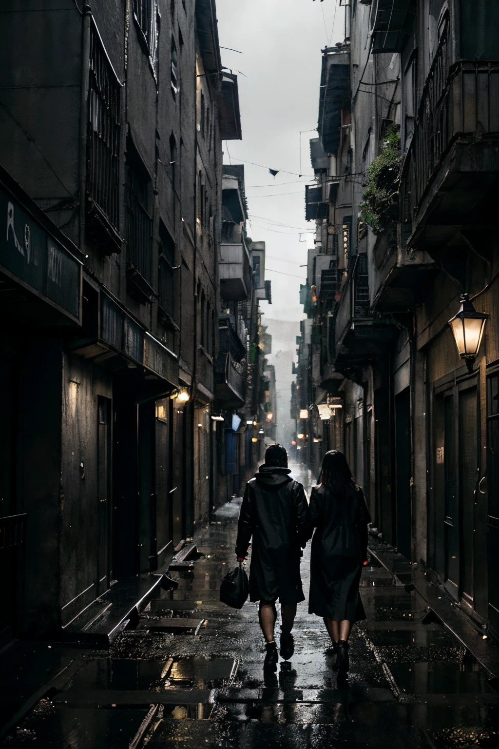 Two people walking down a narrow alley with buildings in the background ...