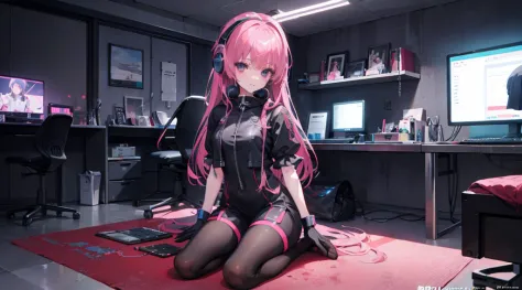 mitsukasa ayas，cyber punk perssonage, , digital punk, anime style 4k, short-sleeved game suit,pink long hair, computer room, gam...