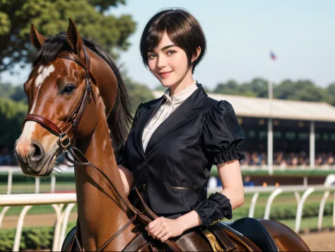 98
(a 20 yo woman,is standing), (A hyper-realistic), (high-level image quality), ((short-hair:1.46)), (Gentle smile), (Keep your mouth shut), (Riding a horse), (ride horse、Horse racing、carriage)