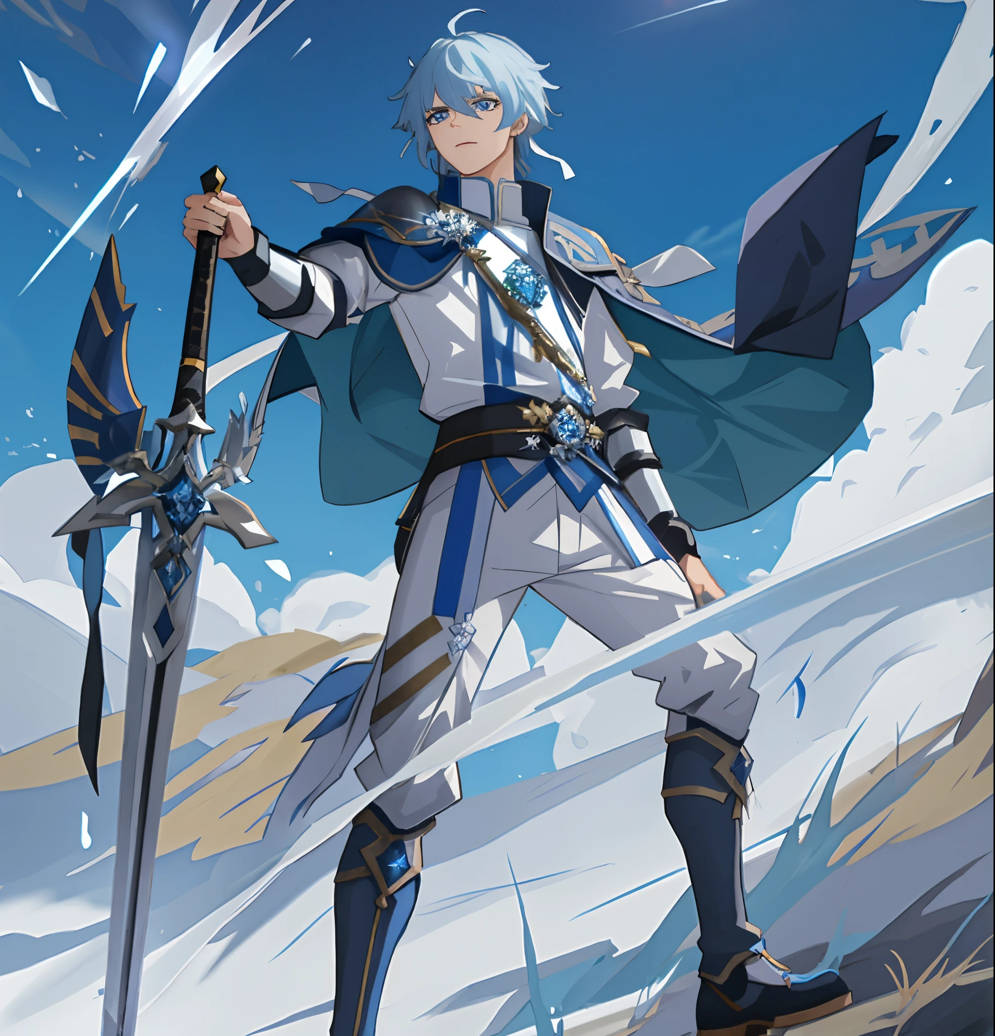 Anime character with sword and shield standing on a mountain, full portrait of magical knight, Keqing de Genshin Impact, hero 2 d fanart artsation, blue and ice silver color armor, pale blue armor, tall anime guy with blue eyes, casimir art, Personagem Genshin Impact, official character art, ( ( concept character art ) ), high detailed official artwork, detail the face, face detailed, eyes large, gaping mouth, ((yelling)) boca yelling, eyes large e detalhados, add lots of details, texturas, texture on the skin, shadow and light