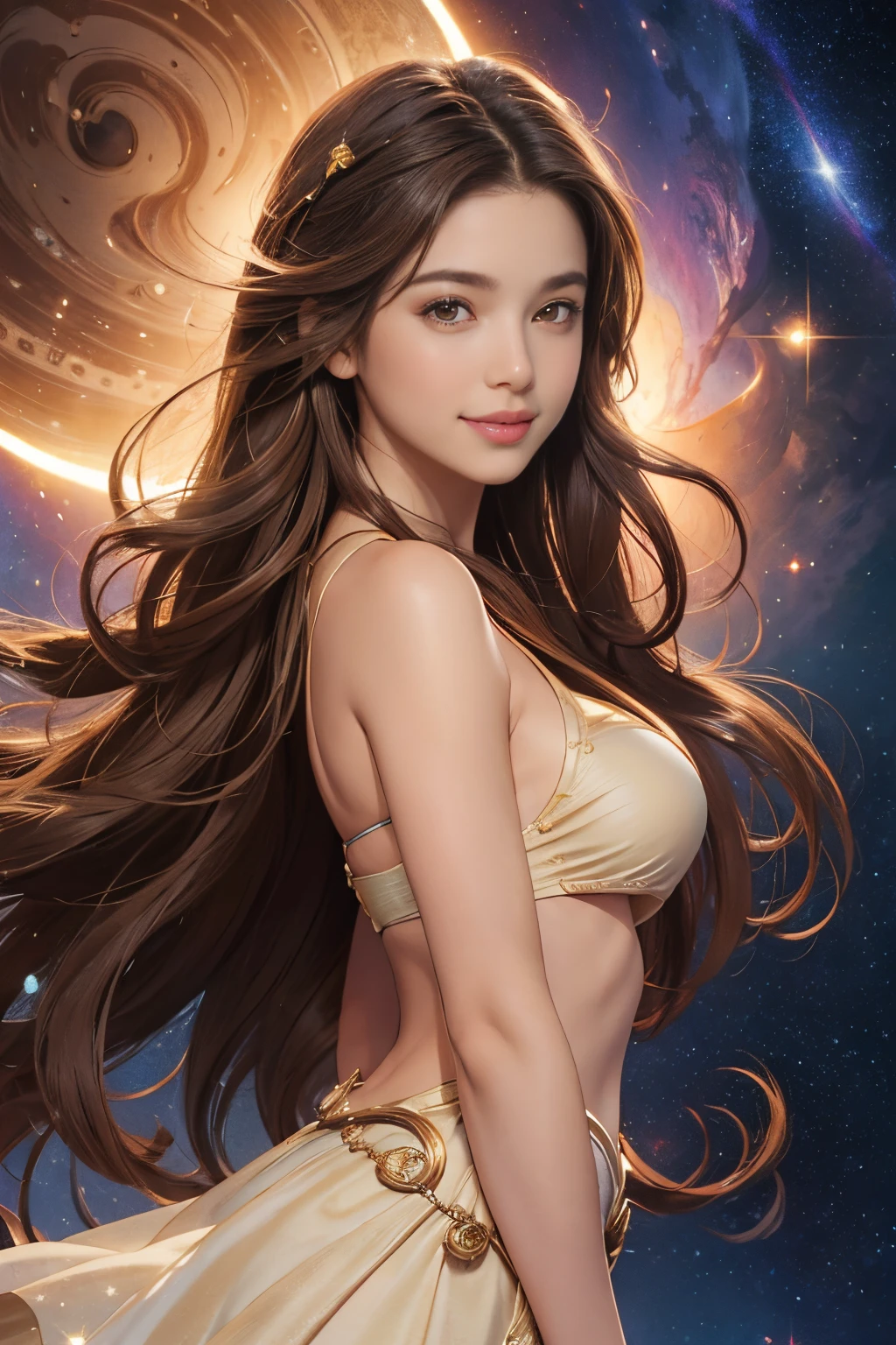 1girl,solo,long hair,brown hair,looking at viewer,realistic,brown eyes,dress,bare shoulders,upper body,lips,parted lips,breasts,masterpiece,best quality,high quality,face focus,fashion photography, happy smile, galaxy, stars, astropunk, film star, fractal art, cosmic bikini