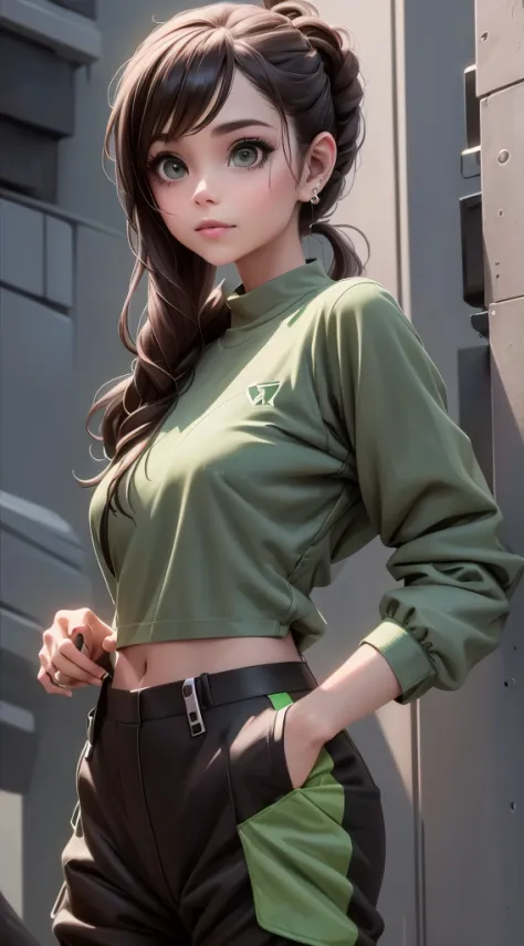 araffe girl in a green shirt and brown pants posing for a picture, a digital rendering inspired by Rei Kamoi, trending on cg soc...