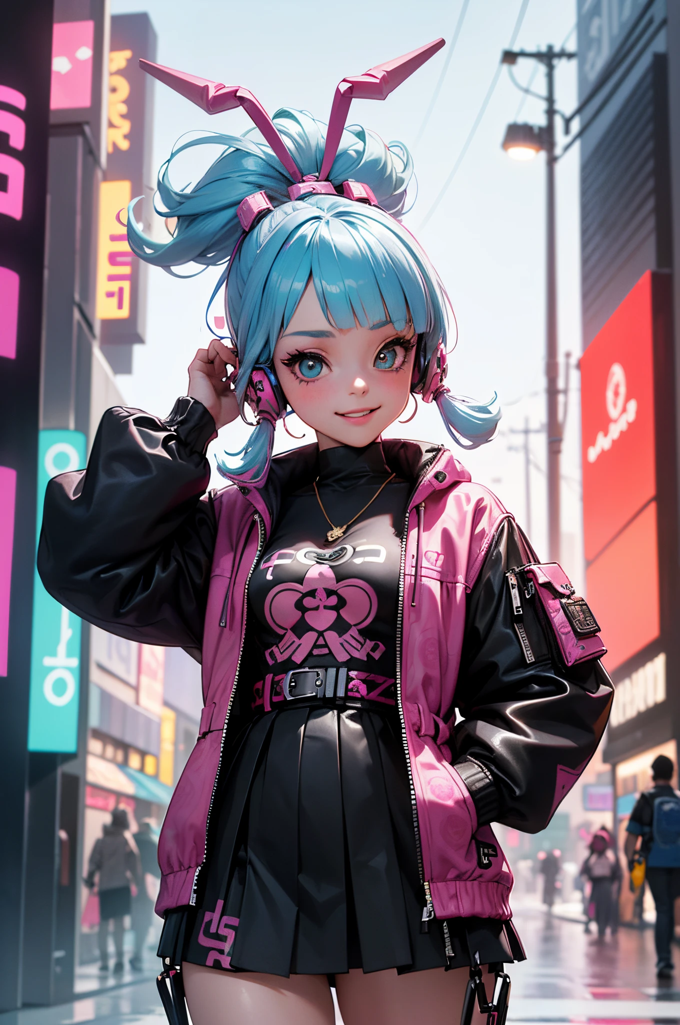 Anime masterpiece, best quality, (((smiling teenaged cyberpunk girl ((wearing detailed Harajuku tech jacket)), (((Harajuku cyberpunk clothing)))), (bold colors and patterns), eye-catching accessories, trendy and innovative hairstyle))), (cowboy shot), ((insane detail)), dazzling Cyberpunk cityscape, skyscrapers, glowing neon signs, (LED lights), anime illustration, detailed skin texture, detailed cloth texture, beautiful detailed face, intricate details, ultra detailed, strong contrast, colorful, dynamic pose.