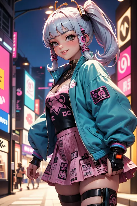 Anime masterpiece, best quality, (((smiling teenaged cyberpunk girl ((wearing detailed Harajuku tech jacket)), (((Harajuku cyber...