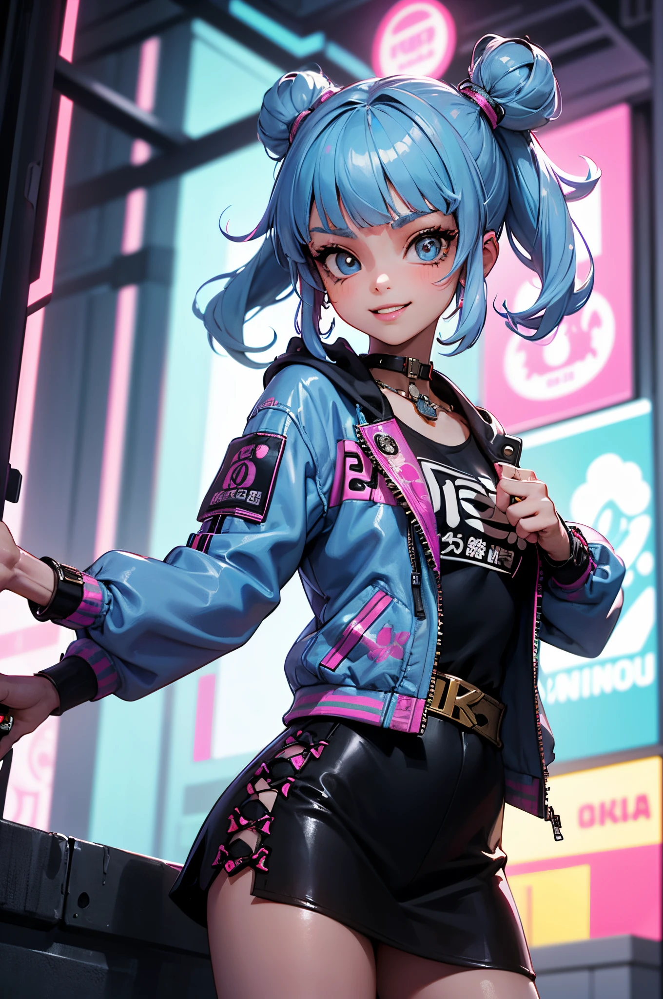 Anime masterpiece, best quality, (((smiling teenaged cyberpunk girl ((wearing detailed Harajuku tech jacket)), (((Harajuku cyberpunk clothing)))), (bold colors and patterns), eye-catching accessories, trendy and innovative hairstyle))), (cowboy shot), ((insane detail)), dazzling Cyberpunk cityscape, skyscrapers, glowing neon signs, (LED lights), anime illustration, detailed skin texture, detailed cloth texture, beautiful detailed face, intricate details, ultra detailed, strong contrast, colorful, dynamic pose.