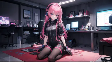 mitsukasa ayas，cyber punk perssonage, , Digital punk, Anime style 4k, Short-sleeved game suit,Pink Long Hair, computer room, Gaming headset overhead，black pantyhoses，black glove。
