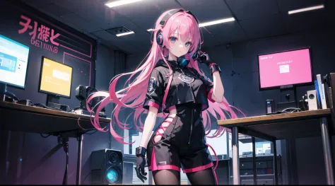 mitsukasa ayas，cyber punk perssonage, , Digital punk, Anime style 4k, Short-sleeved game suit,Pink Long Hair, computer room, Gaming headset overhead，black pantyhoses，black glove。