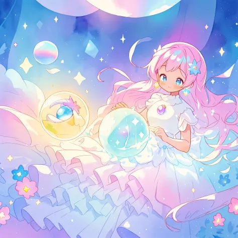 beautiful girl in sparkling white dress holding a magical sphere, ((sparkling puffy layered ballgown)), (magical, whimsical), (g...