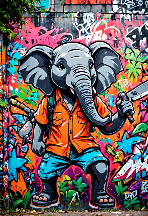 Graffiti style anime style, adventurer elephant, dense jungle, holding a machete . Street art, vibrant, urban, detailed, tag, mural, high quality photography, 3 point lighting, flash with softbox, 4k, Canon EOS R3, hdr, smooth, sharp focus, high resolution...