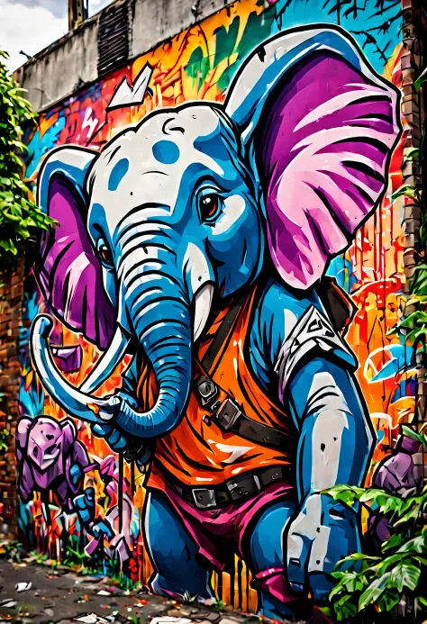 Graffiti style anime style, adventurer elephant, dense jungle, holding a machete . Street art, vibrant, urban, detailed, tag, mural, high quality photography, 3 point lighting, flash with softbox, 4k, Canon EOS R3, hdr, smooth, sharp focus, high resolution...