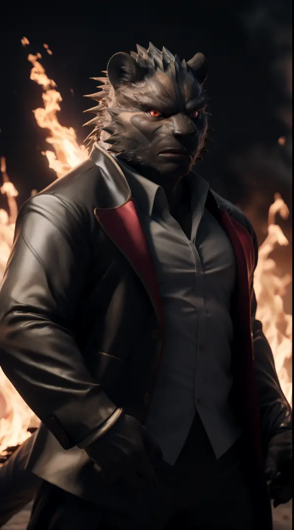 (best quality,8k,highres,masterpiece:1.2),ultra-detailed,(photorealistic:1.37),(the ultimate Orochi Theo) looking at the viewer bright red eyes fire background style the king of fighters serious expression on his face wearing the same outfit as iori yagami