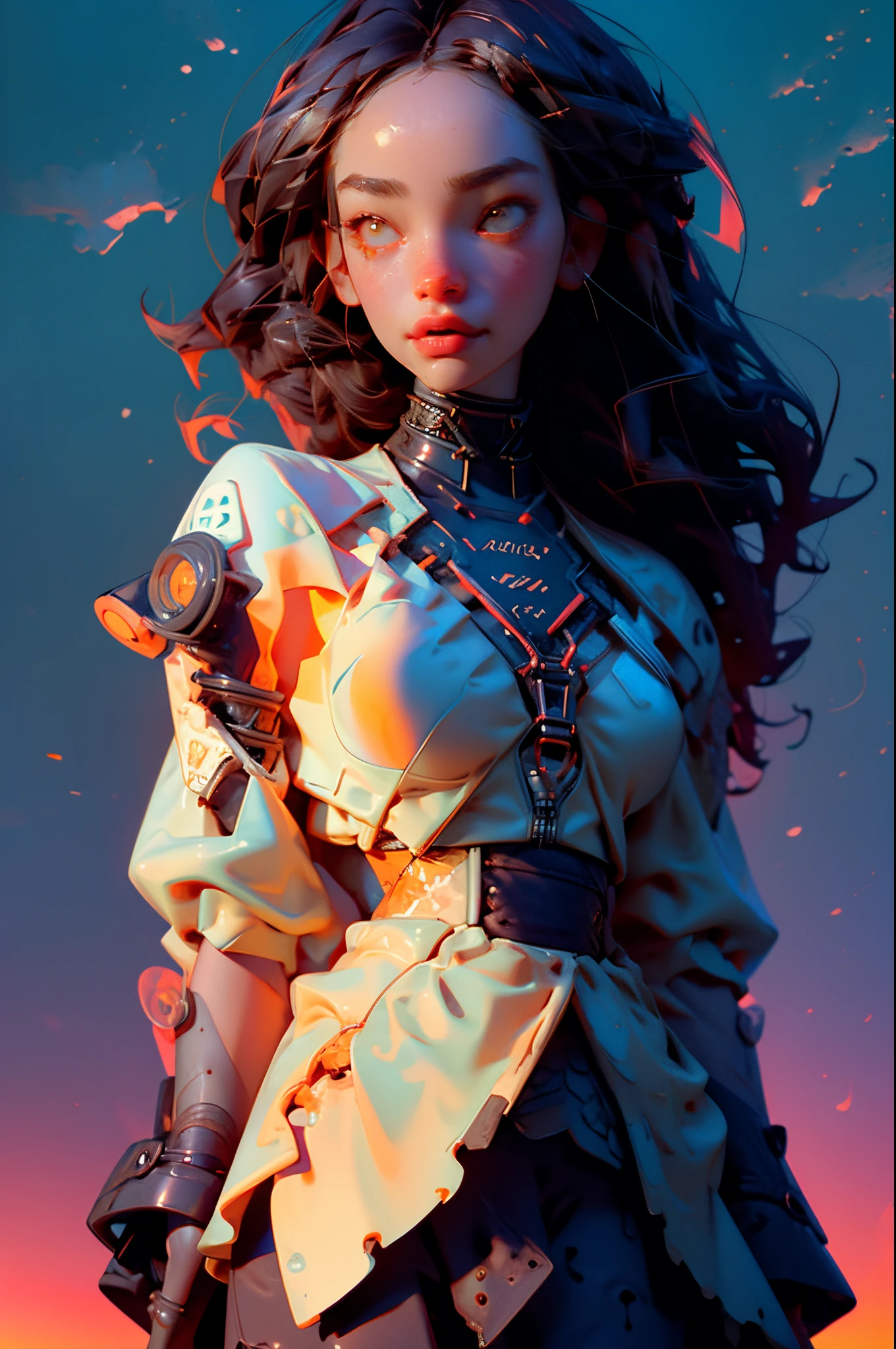 beautiful bionic young slim girl, big boobs, small waist, ecchi, waifu, white ceramic skin, sexy suggestive pose, orange lacework harness, floral interlaces details, ultradetailed, fractal, 12k, vibrant colors, incredible sunset light, long curly black hair, anime cyberpunk ecchi style