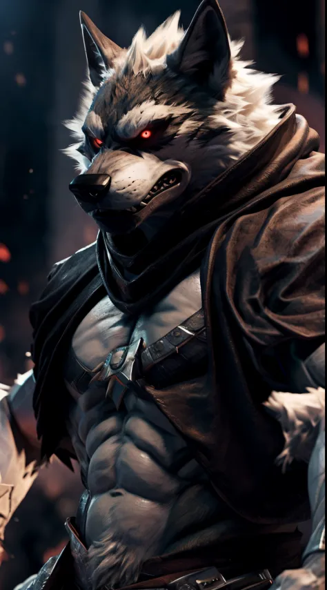 "(best quality,ultra-detailed,realistic:1.37),portraits,illustration,the ultimate Orochi death wolf,red glowing eyes,fierce expression,serious expression on the face,looking at the viewer,background of fire,style of the king of fighters,wearing the same cl...