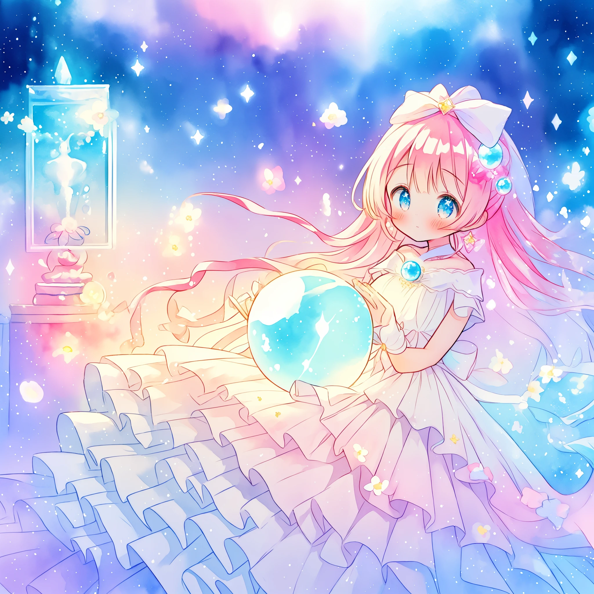 beautiful girl in sparkling white dress holding a magical sphere, ((sparkling puffy layered ballgown)), (magical, whimsical), (glowing magical orb), long flowing colorful hair, colorful fantasia background, watercolor illustration, disney art style, glowing aura around her, glowing lights, beautiful digital illustration, fantasia otherworldly landscape plants flowers, beautiful, masterpiece, best quality, anime disney style