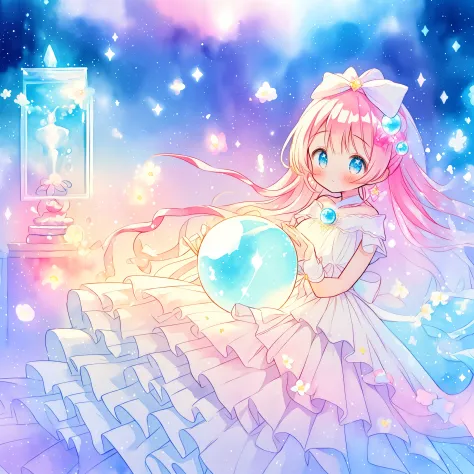 beautiful girl in sparkling white dress holding a magical sphere, ((sparkling puffy layered ballgown)), (magical, whimsical), (g...