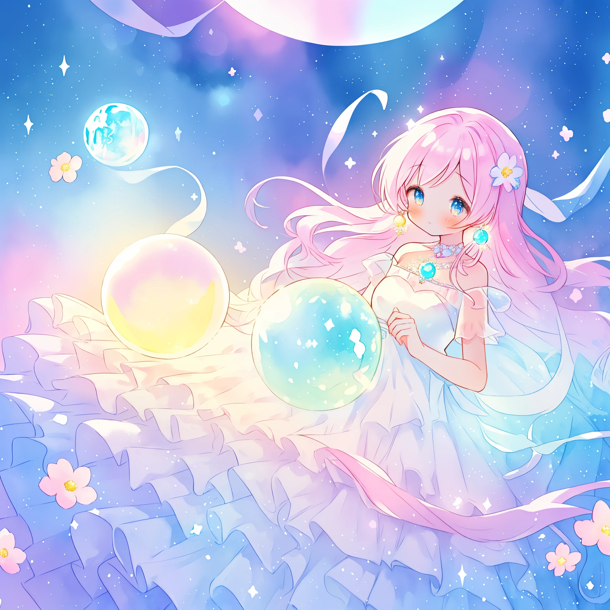 Schön girl in sparkling white dress holding a magisch sphere, ((funkelndes, bauschiges Ballkleid mit mehreren Lagen)), (magisch, verspielt), (glowing magisch orb), langes wallendes buntes Haar, bunter Fantasie-Hintergrund, Aquarellillustration, Disney-Kunststil, leuchtende Aura um sie herum, leuchtende Lichter, Schön digital illustration, fantasia jenseitige landschaft pflanzen blumen, Schön, Meisterwerk, beste Qualität, Anime-Disney-Stil