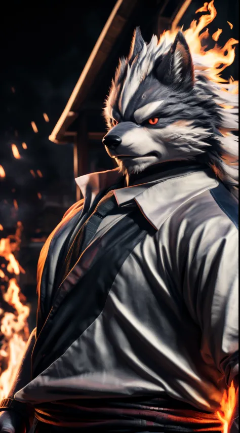(best quality,4k,8k,highres,masterpiece:1.2),ultra-detailed,(realistic,photorealistic,photo-realistic:1.37),(the ultimate Orochi Sousuke) looking at the viewer bright red eyes fire background style the king of fighters 2002 serious expression on his face w...