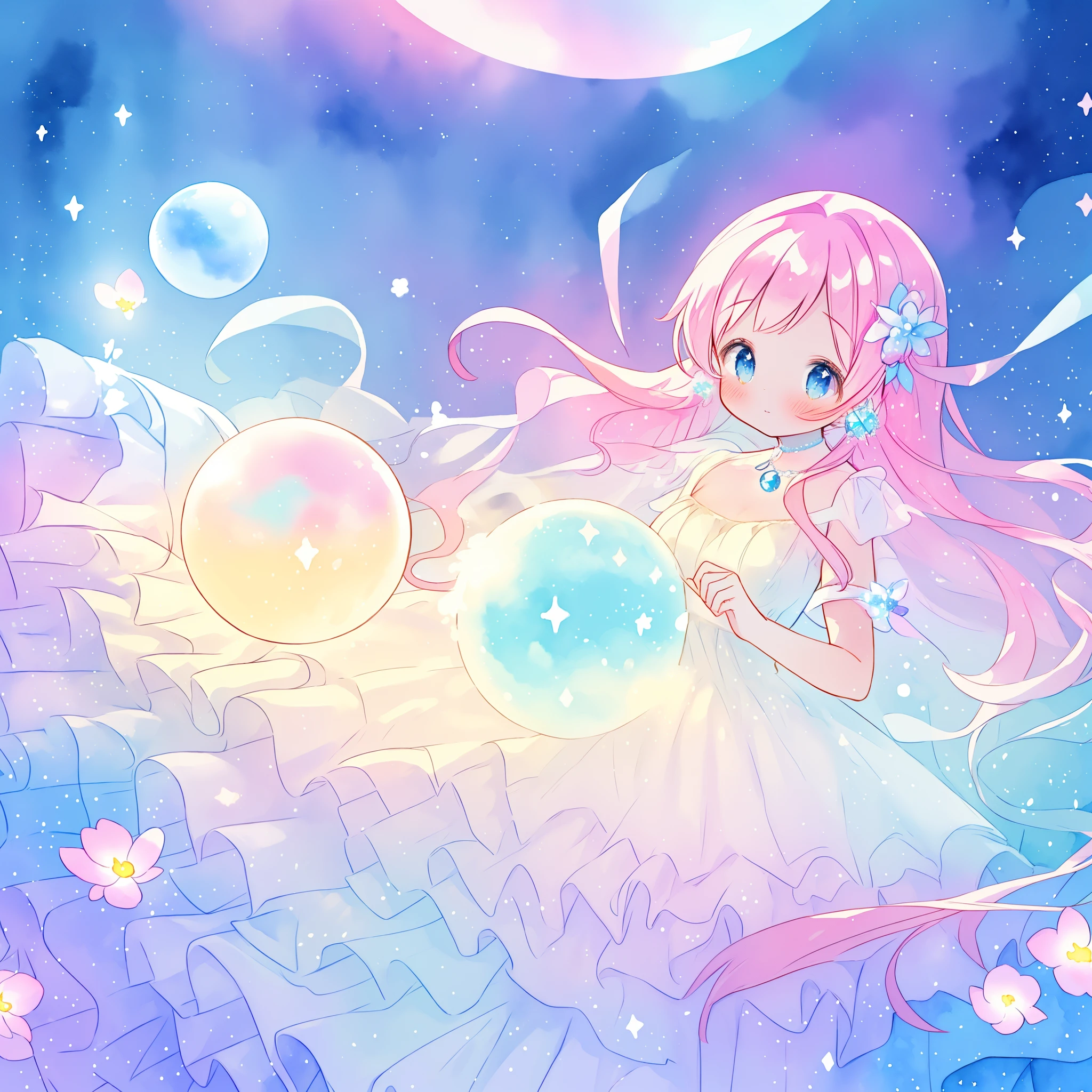 beautiful girl in sparkling white dress holding a magical sphere, ((sparkling puffy layered ballgown)), (magical, whimsical), (glowing magical orb), long flowing colorful hair, colorful fantasia background, watercolor illustration, disney art style, glowing aura around her, glowing lights, beautiful digital illustration, fantasia otherworldly landscape plants flowers, beautiful, masterpiece, best quality, anime disney style