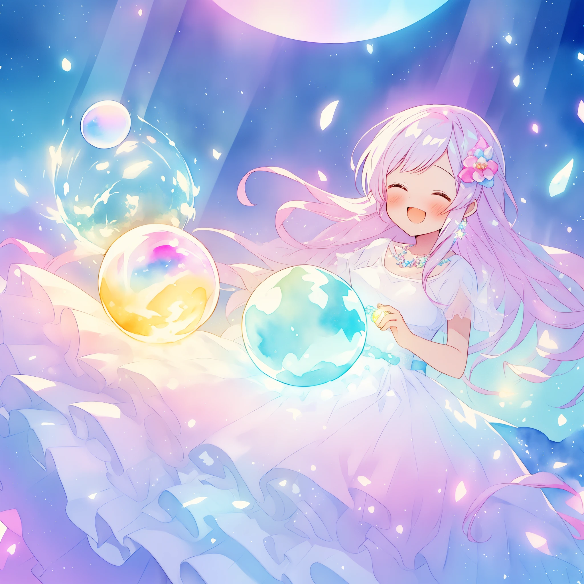 beautiful girl in sparkling white dress holding a magical sphere, ((sparkling puffy layered ballgown)), (magical, whimsical), (glowing magical orb), long flowing colorful hair, colorful fantasia background, watercolor illustration, disney art style, glowing aura around her, glowing lights, beautiful digital illustration, fantasia otherworldly landscape plants flowers, beautiful, masterpiece, best quality, anime disney style