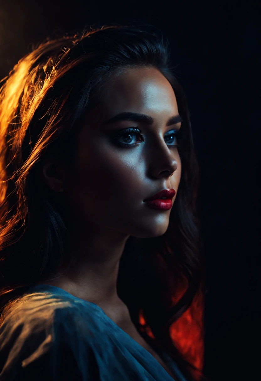 High-contrast shadow play featuring a beautiful young woman in profile,  open eyes and gorgeous features, deep rich colors , mysterious ambiance, created by artist Dreamer, with a palette of love and enthusiasm. ultra fine, 8k, cinematic.