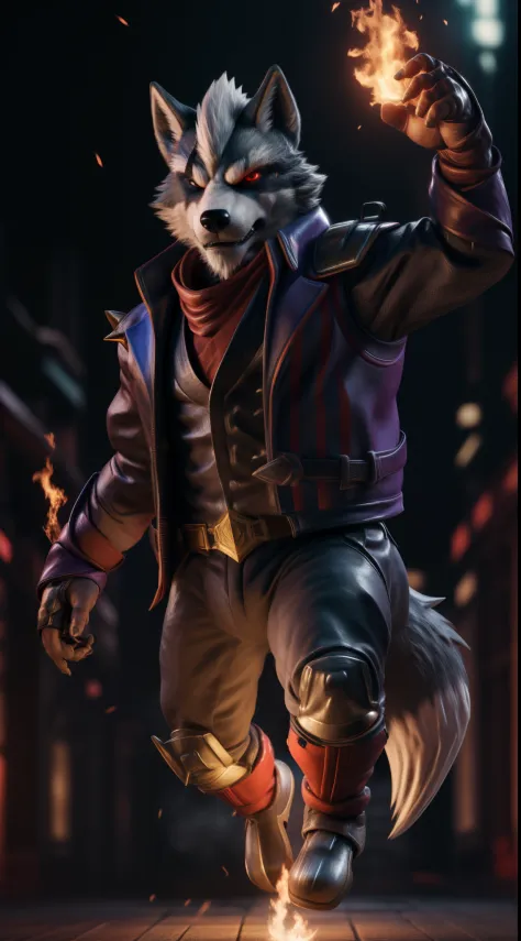 (best quality,8k,highres,masterpiece:1.2),ultra-detailed,(photorealistic:1.37),(the ultimate Orochi Wolf O'donnell) bright red eyes fire background style the king of fighters serious expression on his face wearing the same outfit as iori yagami looking at ...