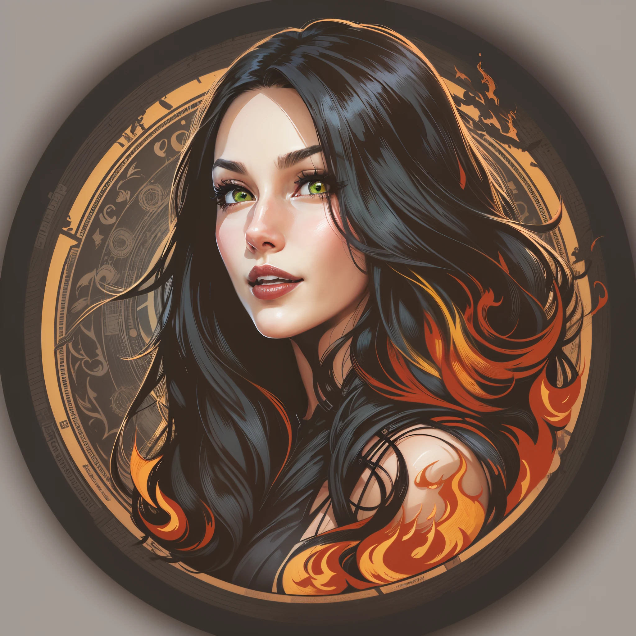 (Sticker),whitebackground,((in a circle)), Adult woman, Monica Bellucci&#39;s face, long straight hair, Long brown hair , green-yellow eyes, A big smile，(black gothic dress:1.3). Red Fire Cloth, Ultra Detailed, Detailed drawing, Vectorized, 8K, Professional sticker design, Flat design, Vector lines, Sticker, Full-HD.