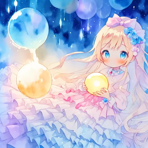 beautiful girl in sparkling white dress holding a magical sphere, ((sparkling puffy layered ballgown)), (magical, whimsical), (g...