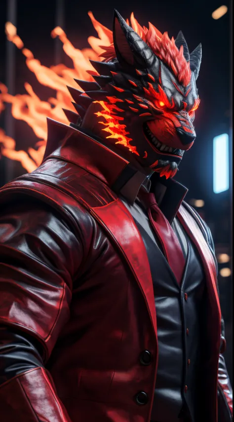 (best quality,8k,highres,masterpiece:1.4),(the ultimate Orochi furry) ultra-detailed,realistic red glowing eyes,fiery background in the style of The King of Fighters,serious expression on its face,wearing the same outfit as Iori Yagami,ultra-realistic in F...