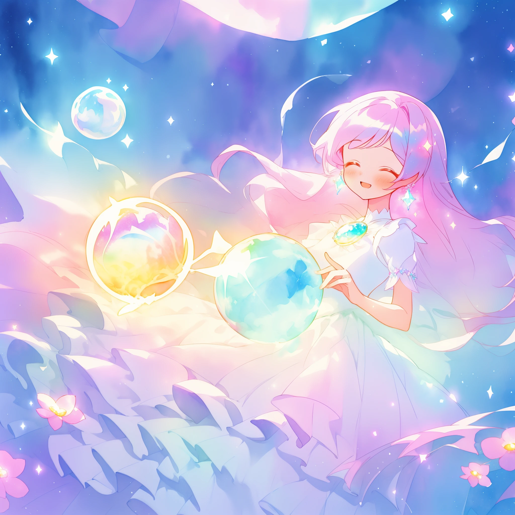 สวย girl in sparkling white dress holding a ขลัง sphere, ((ballgown ที่เป็นประกายระยิบระยับ)), (ขลัง, แปลก), (glowing ขลัง orb), ผมยาวสีสันสดใส, พื้นหลังแฟนตาซีสีสันสดใส, ภาพประกอบสีน้ำ, สไตล์ศิลปะดิสนีย์, มีออร่าเปล่งประกายรอบตัวเธอ, ไฟเรืองแสง, สวย digital illustration, แฟนตาซี ภูมิทัศน์ ต้นไม้ ดอกไม้ ในอีกโลกหนึ่ง, สวย, ผลงานชิ้นเอก, คุณภาพดีที่สุด, อะนิเมะสไตล์ดิสนีย์