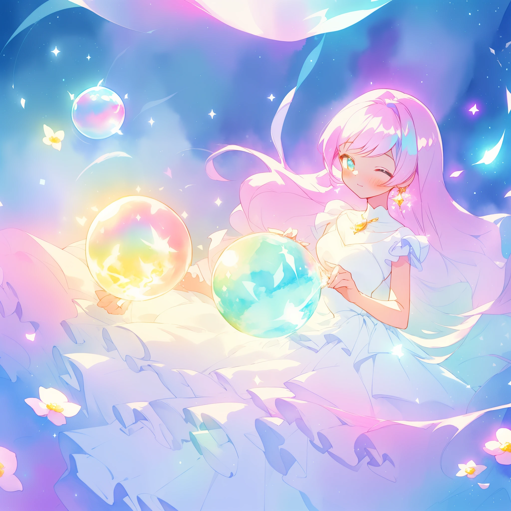 beautiful girl in sparkling white dress holding a magical sphere, ((sparkling puffy layered ballgown)), (magical, whimsical), (glowing magical orb), long flowing colorful hair, colorful fantasia background, watercolor illustration, disney art style, glowing aura around her, glowing lights, beautiful digital illustration, fantasia otherworldly landscape plants flowers, beautiful, masterpiece, best quality, anime disney style