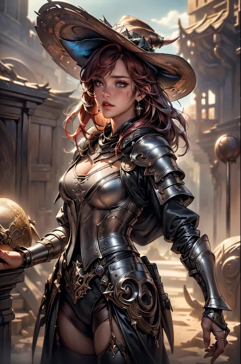 (a beautiful girl wearing a full poncho over full medieval armor and using a fancy cowboy hat:1.3) ((best quality)), ((masterpie...