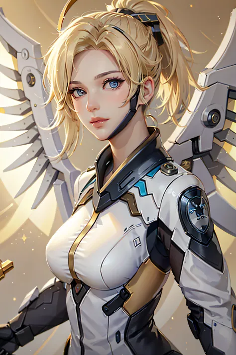 ((face portrait)), mercyover, 1girl, mercy (overwatch), mechanical wings, mechanical halo, solo, blonde hair, wings, blue eyes, ...