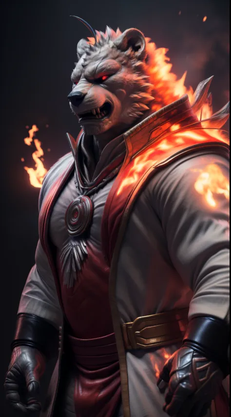 (best quality,4k,8k,highres,masterpiece:1.4),ultra-detailed,(realistic,photorealistic,photo-realistic:1.37),(the ultimate Orochi Paul) glowing red eyes realistic fire background style the king of fighters serious expression on his face wearing  original outfit.