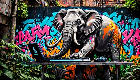 Graffiti style anime style, adventurer elephant, dense jungle, holding a LED gaming keyboard. Street art, vibrant, urban, detailed, tag, mural, high quality photography, 3 point lighting, flash with softbox, 4k, Canon EOS R3, hdr, smooth, sharp focus, high...