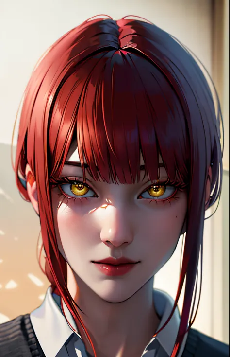 masterpiece, (photorealistic:1.4), best quality, artful, demon, beautiful lighting, makima \(chainsaw man\), (red hair)+(hairlon...