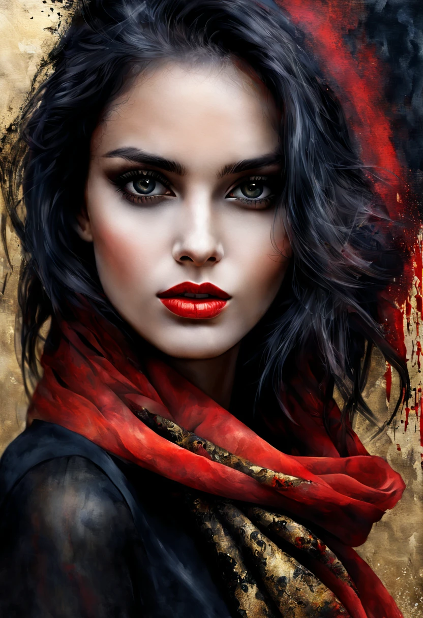 breathtaking portrait of a gorgeous girl, sultry, red scarf, dark gold and black, gossamer fabrics, jagged edges, eye-catching detail, insanely intricate, vibrant light and shadow , beauty, paintings on panel, textured background, captivating, stencil art, style of oil painting, modern ink, watercolor , brush strokes, negative white space